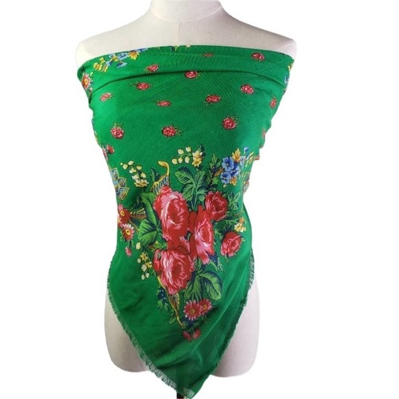 Vintage Challis Square Scarf Green Pink Floral - Picture 2 of 8